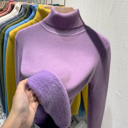 Pull Tricot Doublé Polaire à Col Montant